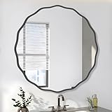 FUWU HOME Black Round Wavy Mirror for Wall Decorative 24 inch Modern Wood Round Mirror Whit Wood Frame Circle Wall Mirror for Bathroom Bedroom Living Room Home Entryway
