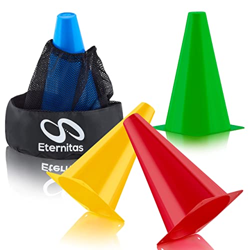 Eternitas Pylonen - 12 Kegel inkl. Tragetasche für Sport, Kinderspiele, Pferde-Hunde-Training, Fussball-Hütchen sind vielseitig einsetzbar In & Outdoor