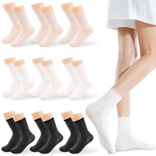 9 Pairs Ruffle Ankle Socks Women, Frilly Mesh Crew Socks Black White Beige