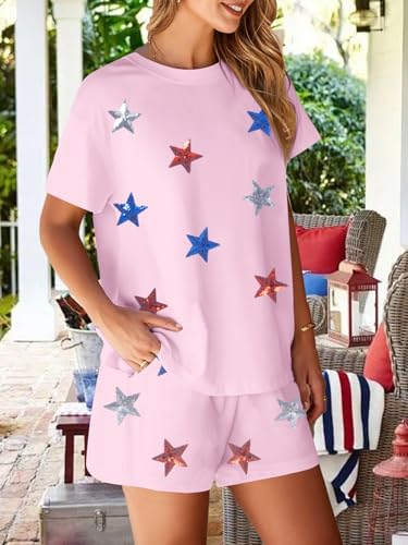 Image of VILOVE 4th of July 2 Piece Sequin Outfits Women 250 Anniversary Usa Shirts and Short Sets Casual Patriotic Shirt Summer Set