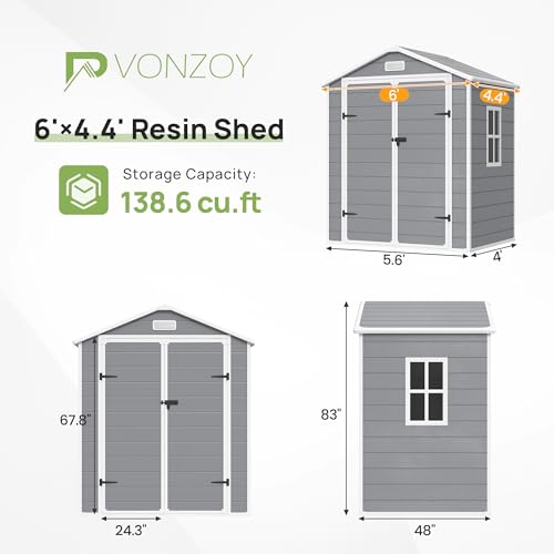 4.5 FT x 6 FT Grey White Waterproof Resin Garden Shed with Floor & Lockable Door Windows
