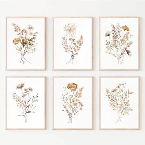 Image of Watercolor Flower Wall Art Set of 6 Botanical Wildflower Wall Decor Boho Neutral Canvas Wall Art Vintage Prints Floral Pictures Minimalist Farmhouse Poster for Room Bedroom 8x10 Inch Unframed