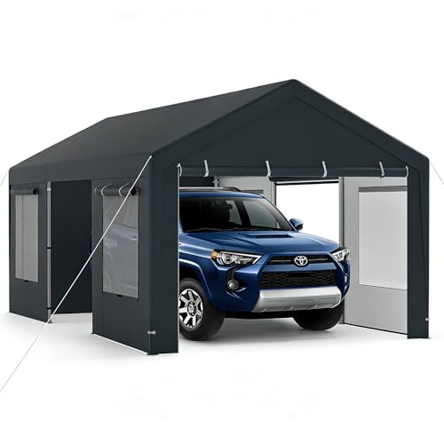 SOARS Tenda Garage Auto Esterno, Tettoia per Auto con Telaio in Metallo, Copertura in PE Resistente alle Intemperie, Capanno Giardino per Vehicolo, Bici, Moto, Attrezzi (Grigio, 305 x 586 x 280 cm)