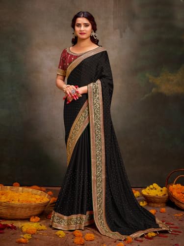 Image of AKHILAM Women's Pink Satin Silk Embroidered Saree with Unstitched Blouse Piece (SANCHI3001 SUM Parent)