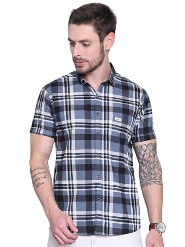 Image of Majestic Man Men Comfort Slim Fit Checked Pure Cotton Half Sleeve Casual Shirt
