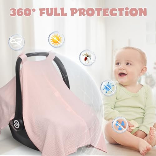 Image of Muslin Car Seat Cover for Babies, Multi-use Nursing Cover, Breathable Infant Car Seat Canopy for Newborn (Pink)