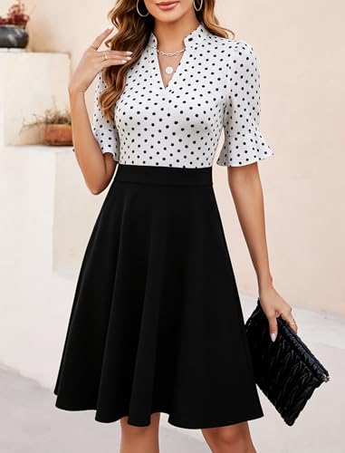 Image of Mokayee Womens Summer V Neck Ruffle Short Sleeve Fit and Flare Knee Length Church Wedding Guest Dresses with Pockets