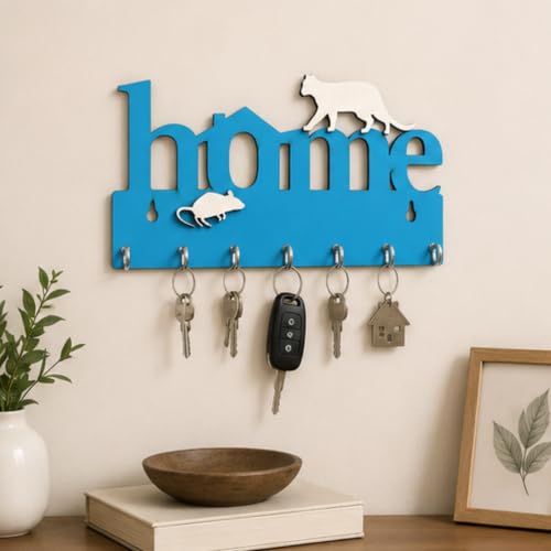 Image of Webelkart Premium Home Keys Wooden Key Holder (29 cm x 13.5 cm x 0.4 cm, Wood) 7 Hook - Decorative Items for Home Decor (Sky Blue)