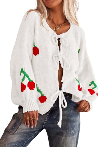 Image of chouyatou Women's Cute Y2K Cherry Tie Knot Cardigan Casual Loose Crewneck Chunky Knit Sweater Cardigan