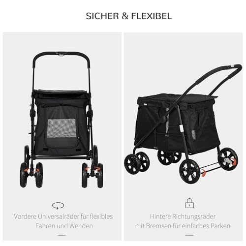 PawHut Hundewagen, faltbarer Hundebuggy, Hundetrolley mit Kissen, Katzenbuggy bis 20 kg, Katzenwagen für kleine und mittelgroße Hunde mit Seitentaschen, Netzfenster, Oxford-Gewebe, Schwarz