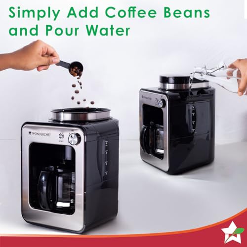 Image of Wonderchef Regalia Bean-to-Cup Brew Coffee Maker with Grinder | Grind Coffee Beans | Get Fresh Aromatic Powder | Brew 4 cups | Glass Carafe | Easy Control Dial | 2 Years Warranty | Steel