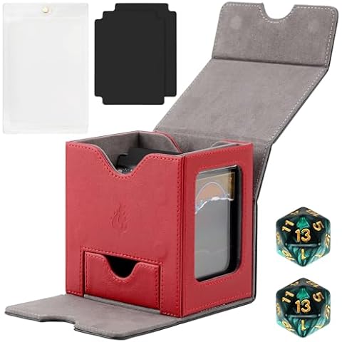 Premium PU Leather Card Deck Box with 2 Dividers 2 Dice, Card Deck Box Fits 120+ Sleeved Cards, Card Storage Box Stylish, Card Box Storage, Durable, and Versatile Card Storage Solution (Black＆Red) Cover