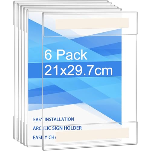 Rarapop A4 Wall Acrylic Sign Holder, 6 Pack Wall Mount Sign Holder with Double Sided Adhesive Tape without Drilling, Memo Document Menu Holder for Office, Home, Store, Restaurant (Clear, A4-6pcs)