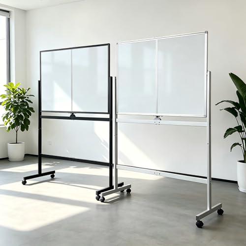 Mobile Whiteboard 48" x 32" with Stand, Double Sided Large Dry Erase Board on Wheels, Magnetic Rolling Whiteboard with Markers & Eraser, Reversible Standing Board for Office, Home, Classroom