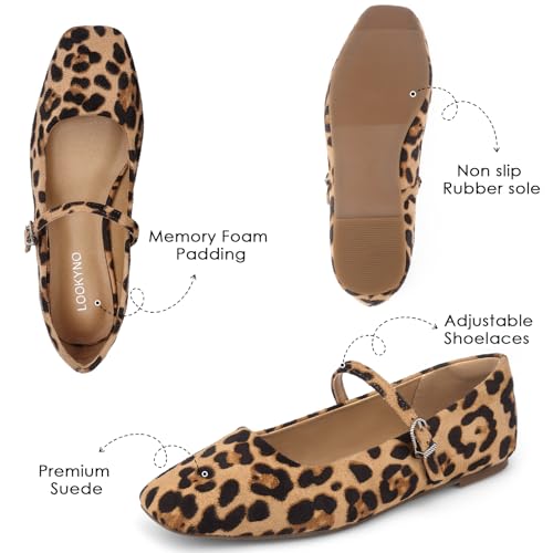 Lookyno Womens Ballet Mary Jane Flats Shoes Adjustable Strap Square Closed Toe Chic Footwear with Latex Insole, Leopard Print, US 6 by Lookyno - Used condition - Image 5