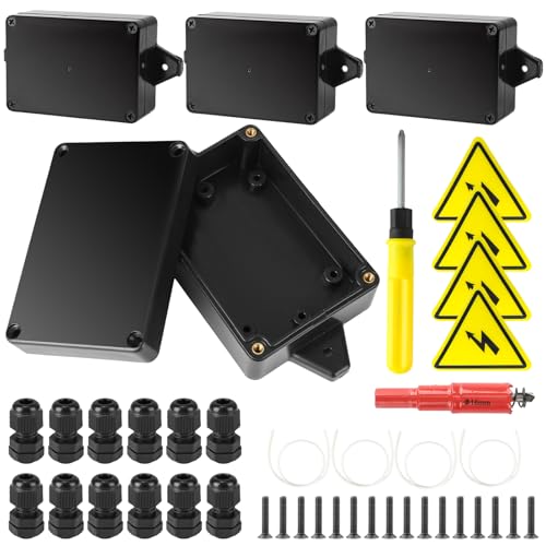 4 Pièces Boite de Derivation, Boite Derivation Etanche IP67, Noire Boitier Derivation Etanche Exterieur avec 12 Presse-Étoupes, Étiquettes de Sécurité, Scie Cloche 16mm, Tournevis