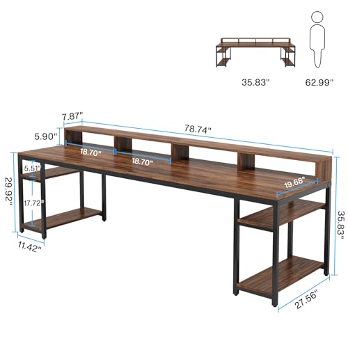 Image of Tribesigns Two Person Desk with Monitor Stand, 78.74 inch Long Double Computer Office Desk with Storage Shelves, Large Gaming Study Writing Table Workstation for Home Office (Rustic Brown)