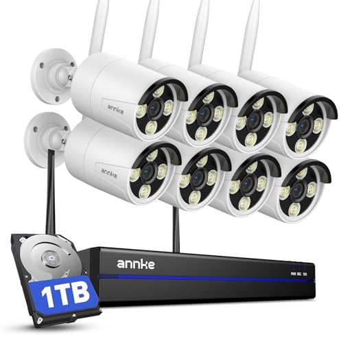 ANNKE Kit Videosorveglianza WiFi, 4K/8MP NVR 16CH 1TB e 8x 3MP Telecamere Esterne Wireless, Rlevamento Movimento Alarm, Audio Bidirezionale, Visione Notturna IR 100ft, Registrazione 24/7, IP66
