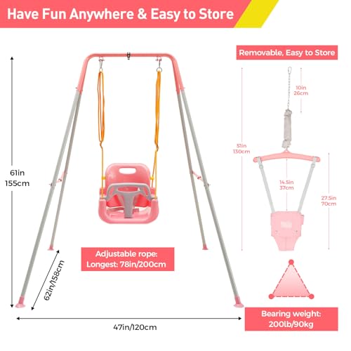 Image of FUNLIO 2 in 1 Swing Set for Toddler & Baby Jumper, Heavy Duty Kids Swing & Bouncer with 4 Sandbags, Foldable Metal Stand for Indoor /Outdoor Play, Easy to Assemble and Store - Pink
