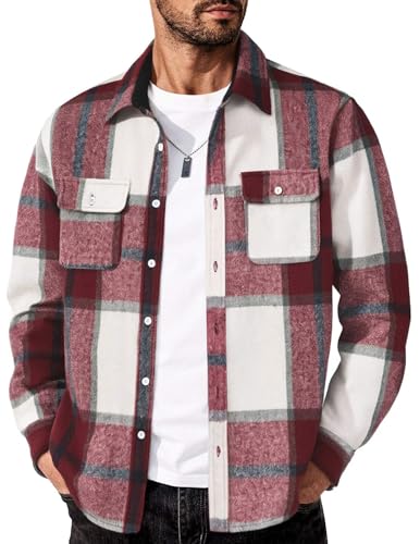 COOFANDY Men's Plaid Jacket Button Up Jacket Overshirt Fall Fashion Shirt with Pockets Red