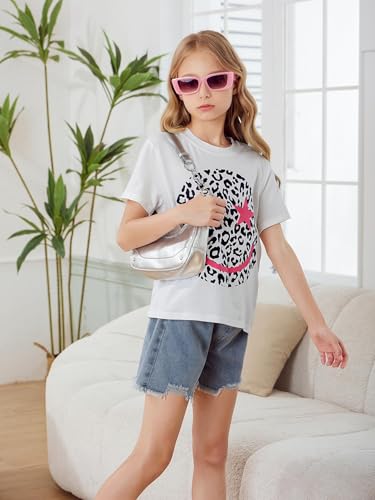 Image of WDIRARA Girl's Leopard Graphic T Shirt Crew Neck Short Sleeve Tee Shirts Cute Tops