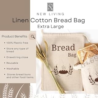 New Living Organic Linen Bread Bag Extra Large | 1 x Reusable Bread Bags | Food Storage Bag | Bread Storage Bags | 44x35 cm | Eco Bread Bag