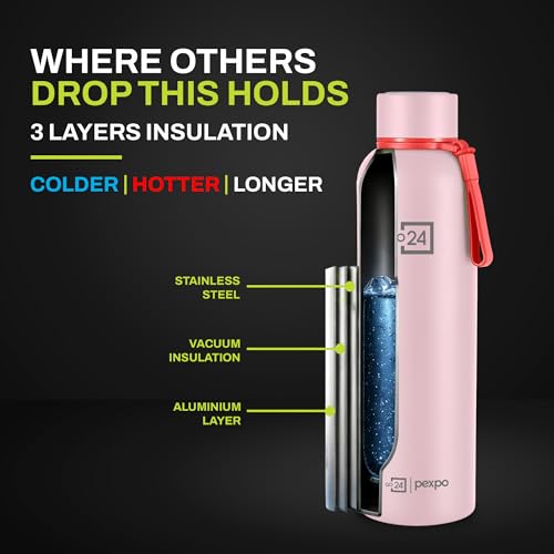 Image of Water Bottle 1 LTR Stainless Steel | Hot and Cold Flask | ISI Certified Steel Bottle | Three Layer Insulation | Leakproof | for Home, Office | 2-Year Warranty |Bravo 1000| Baby Pink