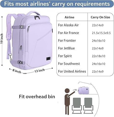 MATEIN Carry on Backpack for Women, 40L Heavy Duty Travel Backpack Airplane Approved, Expandable Simple Fashion Daypack, Frequent Traveler Gifts, Light Purple - Image 3