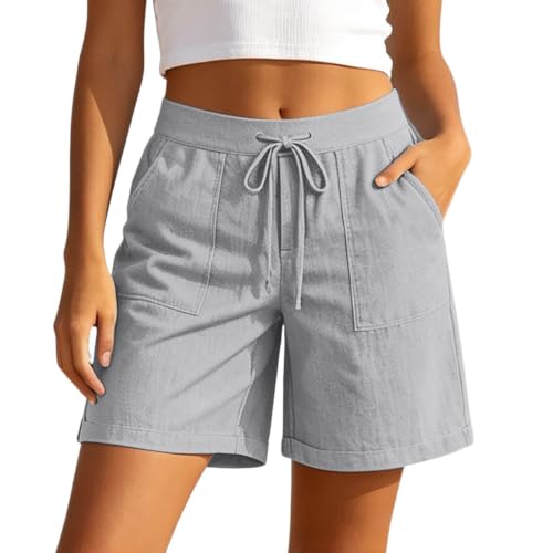 Womens Cotton Linen Shorts with Pockets Drawstring Knee Length Bermuda Shorts Summer Casual Baggy Wide Leg Outfits Light Gray