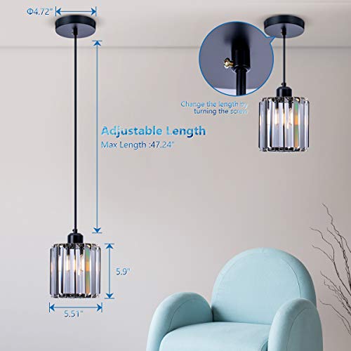 Shengqingtop Modern Mini Crystal Pendant Light For Kitchen Island Counter Bar Dining Room Bedroom, Cylinder Crystal Pendant Lighting Fixture, Matte Black Finish #TOP5