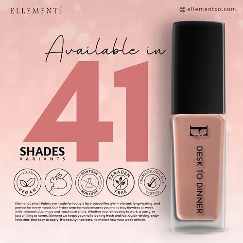 Image of Ellement Co Desk To Dinner Nail Polish 10 ml with elegant nude peach shade delivers high gloss salon finish | smooth streak free application | quick drying formula | and long lasting chip resistant wear, perfect for office wear, daily elegance, professional looks, evening outings, and effortless transition from work to dinner.