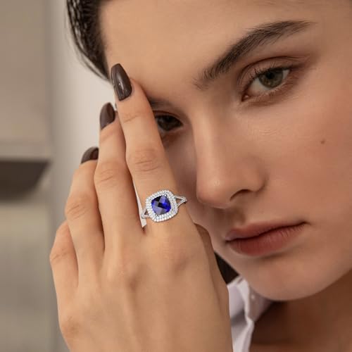 Birthstone Rings for Women 925 Sterling Silver Created Gemstone Cubic Zirconia Ring Heart/Pear/Round/Cushion/Emerald/Oval Engagement Double Halo Ring Size 6 to 102