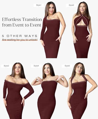 Image of Popilush Long Sleeve Formal Dress with Built in Shapewear Bra Maxi Dress | Light Tummy Control, Square Neck, Floor Length, Removable Cups, Wedding Guest Evening Bodycon Dress