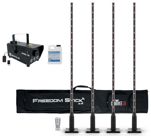 Audiosavings Bundle: Chauvet DJ Freedom Stick X4 (4) Wireless Battery RF LED DMX Light Sticks+Remote Bundle with Rockville R720L Fog/Smoke Machine w/Remote+Fluid+Multi Color LED Built in! (2 Items)