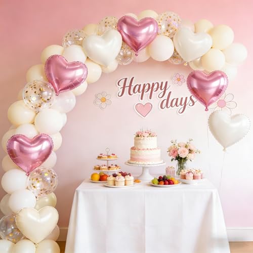 Image of Pink & Cream White Heart Balloons Party Decorations, Heart Shaped Foil and Latex Balloon Decorations Set for Girls Women Happy Birthday Party, Baby Shower, Valentines, Wedding, Engagement, Anniversary