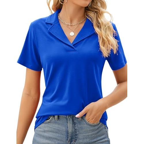 Rapbin Women's Polo Shirts Lapel Collar V Neck Short Sleeve Blouse Dressy Casual Tunic Tops Royal Blue Small