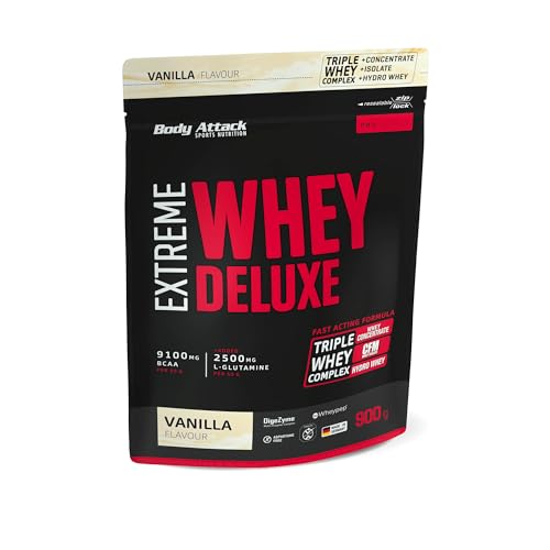 Body Attack Extreme Whey Deluxe - Vanilla Cream, 900g - Made in Germany - Eiweißpulver mit Aminosäuren, Triple-Whey-Complex, CFM Isolate, perfekt lösliches Protein-Pulver, fettarm, zuckerarm