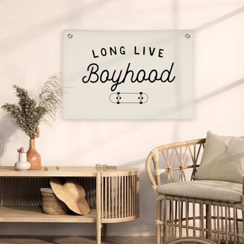 Image of Boys Room Nursery Decor,Long Live Boyhood Skateboard Wall Decor Hanging Flag Nursery Toddler Kids Room Decoration,Gifts for Teens, Minimalist Wall Decor, Vintage Sports Nursery Decor boyroom banner