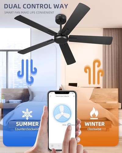 Image of YOUKAIN 52 Inch Smart Ceiling Fan Without Lights, Black Modern Ceiling Fan with Remote & APP Control, Reversible Blades, Indoor Outdoor Ceiling Fan for Bedroom Living Room, 52-YJ812-BK-NL