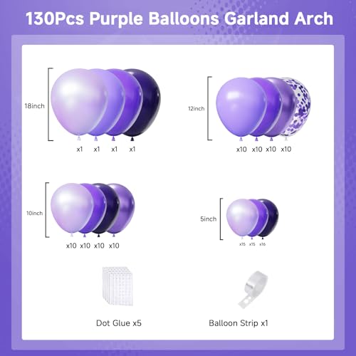 Image of Light Purple Balloons Arch Kit,130pcs Pastel Purple Balloon Garland,18 12 10 5 Inch Dark Purple Latex Balloons for Birthday Wedding Baby Shower Purple Theme Party Decorations