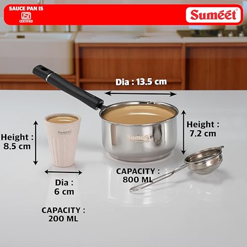 Image of Sumeet ISI Certified Stainless Steel Induction & Gas Stove Friendly Saucepan /Milk Pan /Tea Maker - 800ml with Stainer & 4Pc Tea Cups Made of Husk - 200ml Perfact Tea Set Combo