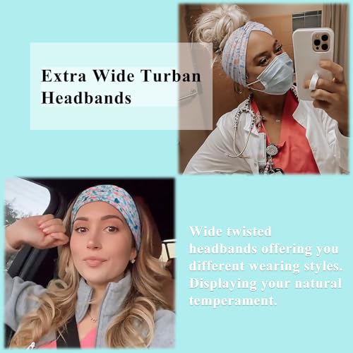Image of Tobeffect Extra Wide Turban Headbands for Women, 7'' Large Wide Headband for Nursing Cute Printed Nurse Head Bands Twisted Knotted Hairbands Non Slip Cloth Headbands for Women Hair Accessories 6 Pack