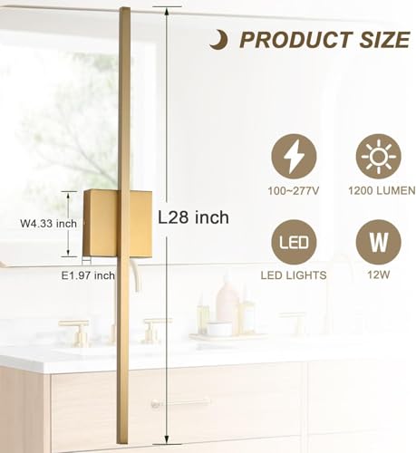 Image of Wall Sconces Set of Two, LED Dimmable Sconces Wall Lighting, Brushed Gold Modern Wall Sconce Light for Bathroom, Living Room, Bedroom, Hardwi