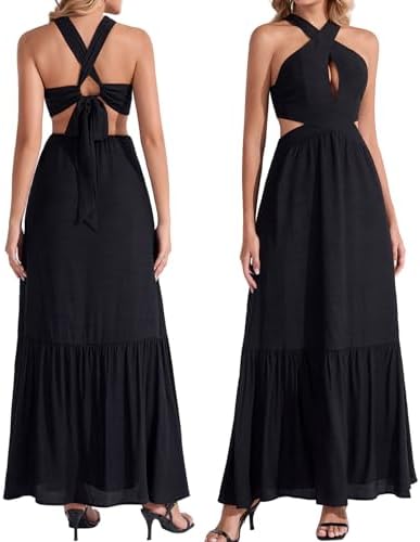 EYNMIN Women's Summer Halter Maxi Casual Sundress Ruffle Cut Out ...