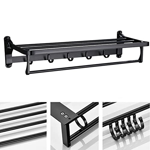 Hoopever 24 Inch Foldable Towel Rack For Bathroom With Hooks Towel Bar, Adjustable Bathroom Lavatory Towel Shelf Wall Mounted, Space Aluminum, Black #TOP3