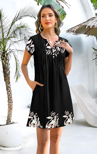Image of Disamer Womens Casual Dresses Short Sleeve Summer Dresses 2026 Boho Floral Beach Sundresses Spring A-Line Dress with Pockets