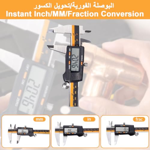Digital Vernier Caliper 0-6"/0-150mm Caliper Measuring Tool with LCD Screen Inch MM Fraction Conversion Stainless Steel Auto-Off Electronic Micrometer Caliper for Inside Outside Depth Step Measurement