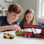 TG BLOCKS Micro Brick Car Transporter with 3 Sports Cars Building Set - Kids Truck Toy with Carrier & Trailer, Gift Idea for Teens 8+ Boys & Girls