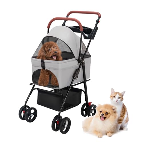 Pet Stroller, Folding Dog Stroller with 4 Wheels, Dogs Pushchair and Cat Pram Carrier for Small and Medium Pets, Lightweight Dogs Buggy for Travel