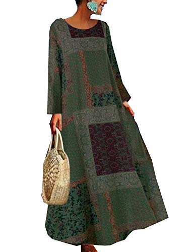 Naliha Vestidos Largos Informales Túnica Floral Boho Talla Grande Maxi Vestido con Bolsillo para Mujer Verde 5XL Cover